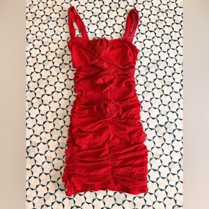 Rosette Red Ruched Bodycon Dress with Floral Accents 3D cutout
